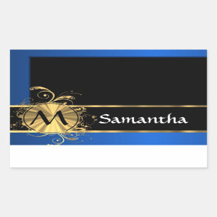 Pegatina Rectangular Monograma dorado azul y negro