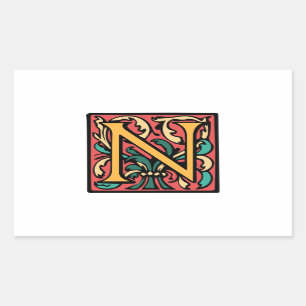 Pegatina Rectangular Monograma elegante medieval inicial N antiguo