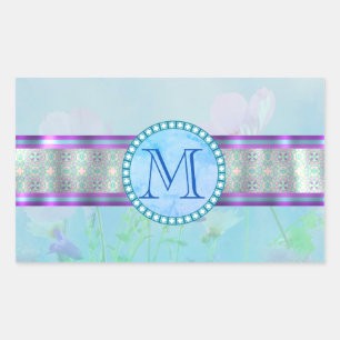 Pegatina Rectangular Monograma Floral Azul Pastel