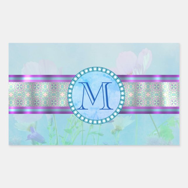 Pegatina Rectangular Monograma Floral Azul Pastel (Anverso)