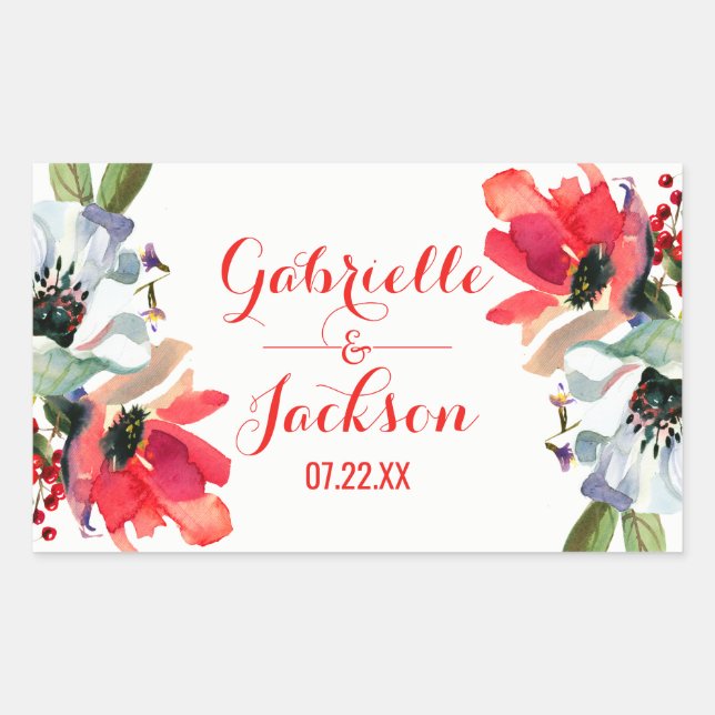 Pegatina Rectangular Monograma Floral de Amapola Rojo Coral para Boda (Anverso)