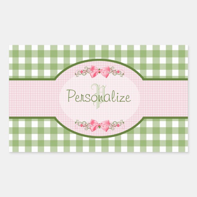 Pegatina Rectangular Monograma Girly Green Gingham Con Nombre (Anverso)