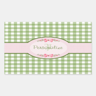 Pegatina Rectangular Monograma Girly Green Gingham Con Nombre