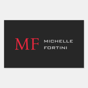 Pegatina Rectangular Monograma Inicial Minimalista Moderno Rojo Negro P