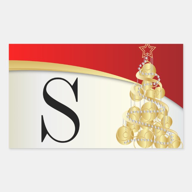 Pegatina Rectangular Monograma Oro y Feliz Navidad Roja (Anverso)