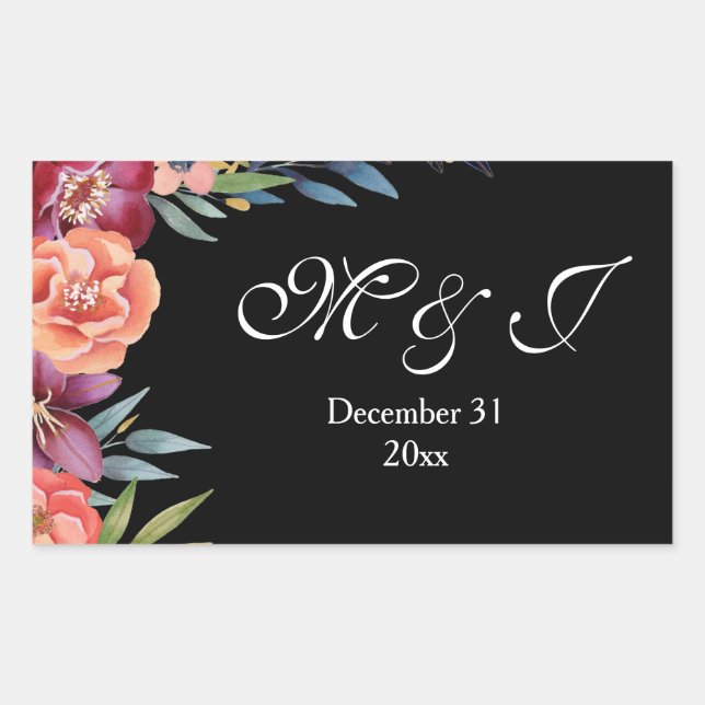 Pegatina Rectangular Monograma tropical elegante negro de borgoña y cir (Anverso)