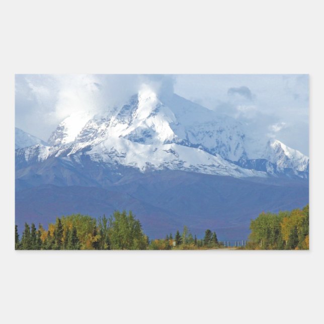 Pegatina Rectangular Montañas de Alaska Árbol Naturaleza Bosque Destino (Anverso)