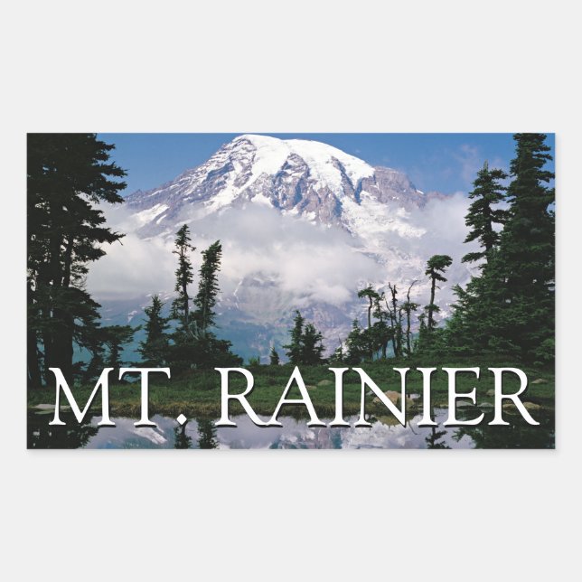 Pegatina Rectangular Monte Rainier | Reflejo en una laguna de montaña (Anverso)