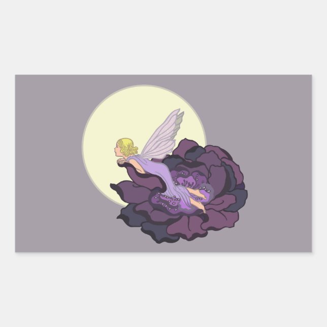 Pegatina Rectangular Moon Gazing Purple Flower Fairy Evening Sky (Anverso)