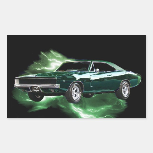 Pegatina Rectangular Mopar: Cargador Dodge '68 con rayo verde (Anverso)