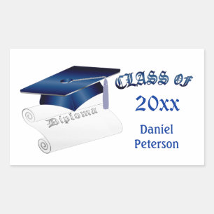 Pegatina Rectangular Mortero azul y diploma, clase de cualquier año