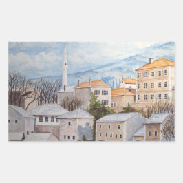 Pegatina Rectangular Mostar, Bosnia - Pintura del paisaje de acrílico