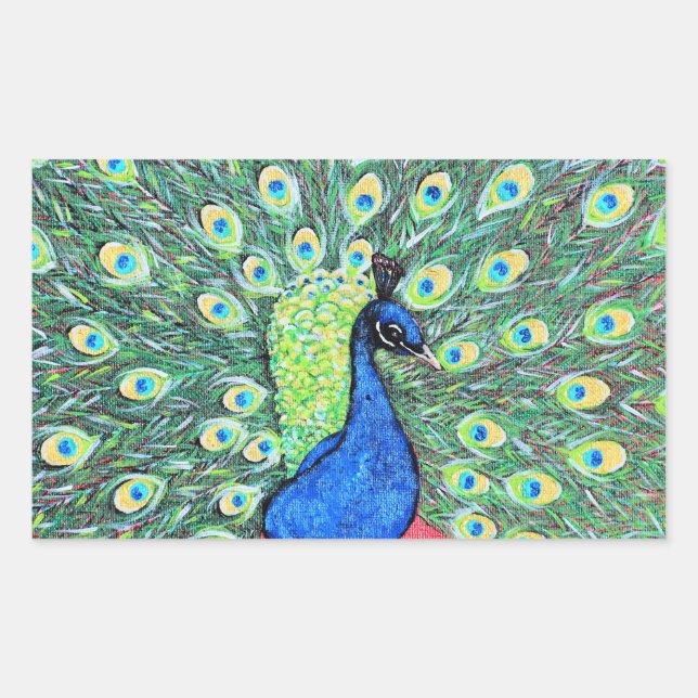 Pegatina Rectangular Mostrar pintura de pavo real (Anverso)
