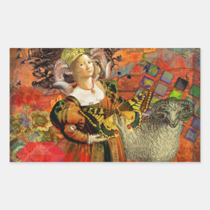 Pegatina Rectangular Mujer de Aries Naranja: Collage de Arte Antiguo de