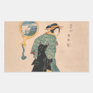 Pegatina Rectangular Mujer de kimono japonés antiguo Ukiyo-e grabado en