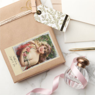 Pegatina Rectangular Mujer victoriana con rosas rosadas Romántica etiqu