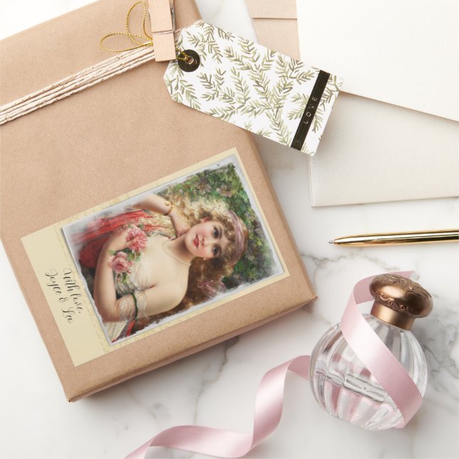 Pegatina Rectangular Mujer victoriana con rosas rosadas Romántica etiqu (Regalar)