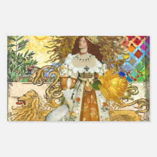 Pegatina Rectangular Mujer Vintage Sol Dorado: Arte Collage Zodiaco Leo