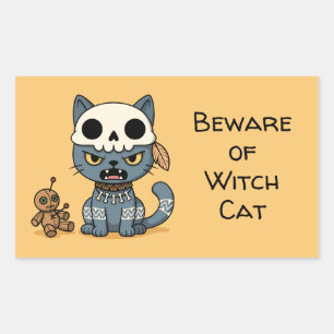 Pegatina Rectangular Muñeca de Vudú de Gato Bruja con Texto Personaliza