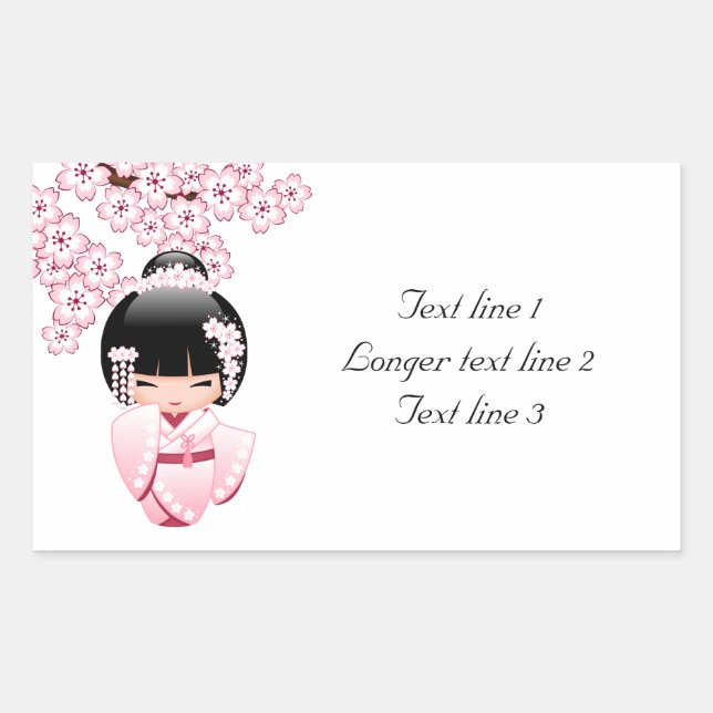 Pegatina Rectangular Muñeca Kokeshi de Kimono Rosa con Texto Personaliz (Anverso)