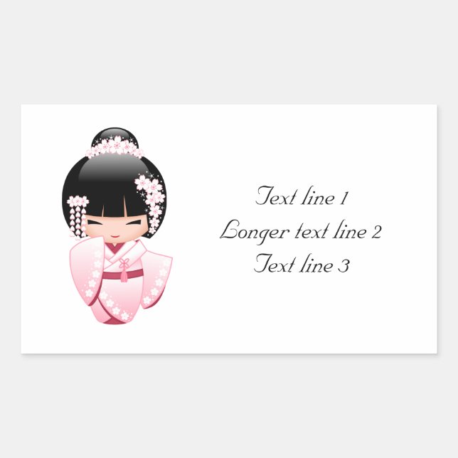 Pegatina Rectangular Muñeca Kokeshi de Kimono Rosa con Texto Personaliz (Anverso)