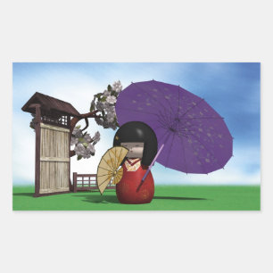 Pegatina Rectangular Muñeca Kokeshi Japonesa Arte Flor de Cerezo
