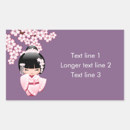 Pegatina Rectangular Muñeca Kokeshi kimono blanca - Chica Geisha lindo