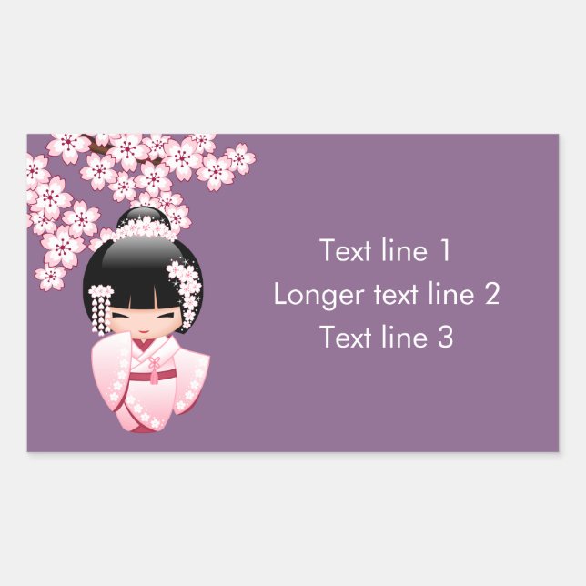 Pegatina Rectangular Muñeca Kokeshi kimono blanca - Chica Geisha lindo (Anverso)