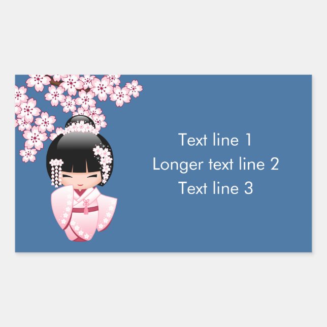 Pegatina Rectangular Muñeca Kokeshi kimono blanca - Chica Geisha lindo (Anverso)