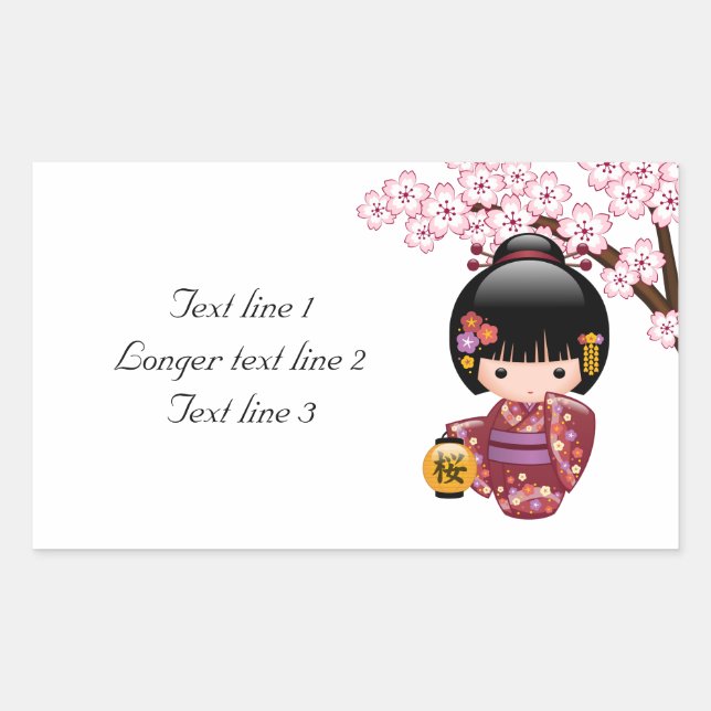 Pegatina Rectangular Muñeca Sakura Kokeshi - Chica Geisha japonés (Anverso)