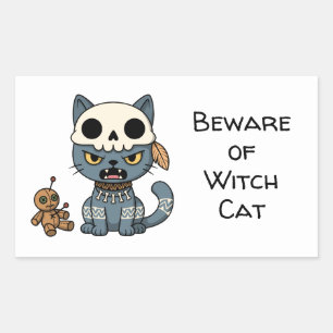 Pegatina Rectangular Muñeca Vudú de Gato Bruja con Texto Personalizado