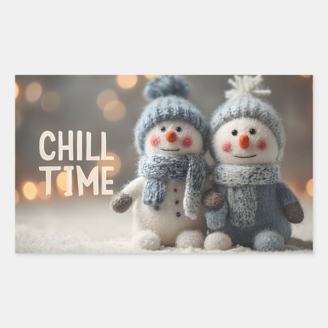 Pegatina Rectangular Muñecas de muñecas de Snowman con Gorras de Knit (Anverso)