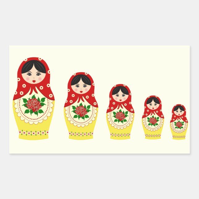 Pegatina Rectangular Muñecas nanidantes de matyoshka rusas rojas (Anverso)
