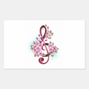 Pegatina Rectangular Musical treble clef notes with Sakura flowers
