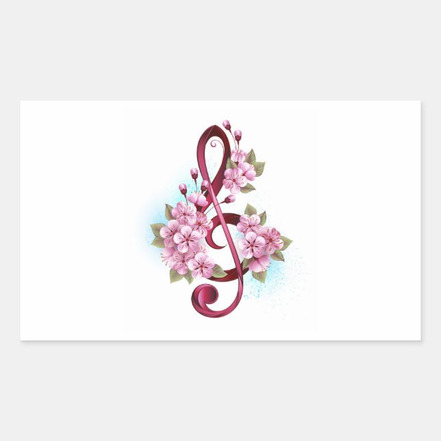 Pegatina Rectangular Musical treble clef notes with Sakura flowers (Anverso)