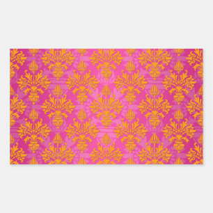 Pegatina Rectangular Naranja Brillante y Rosa Floral Damasco