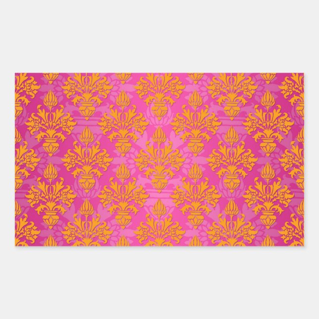 Pegatina Rectangular Naranja Brillante y Rosa Floral Damasco (Anverso)
