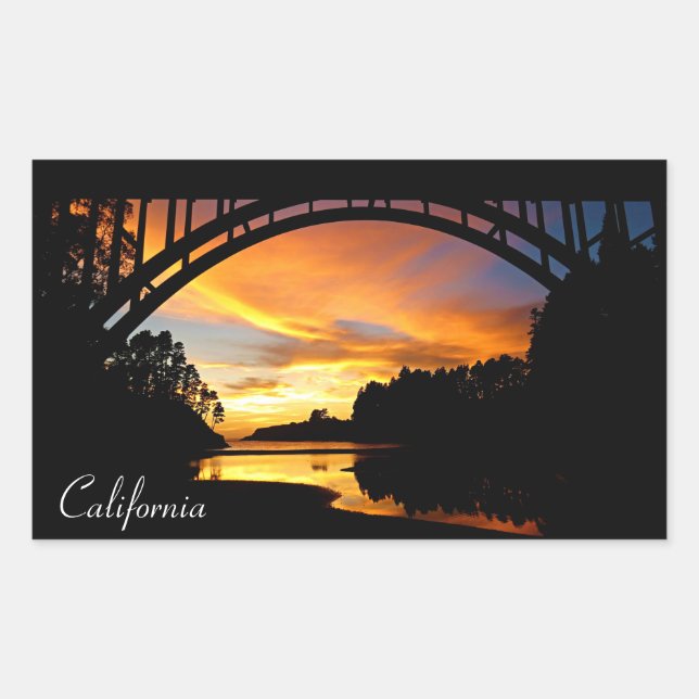 Pegatina Rectangular Naranja California Coastal Sunset Under Bridge (Anverso)