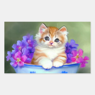 Pegatina Rectangular Naranja de época y Ilustracion de gatito blanco