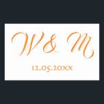 Pegatina Rectangular Naranja encantador y blanco<br><div class="desc">El pegatina perfecto para material de papelería relacionado con el boda, este artículo presenta un bonito esquema de color blanco y naranja. Con el tipo de letra naranja escrito en un fondo blanco, las iniciales de la pareja están en el centro con la fecha boda debajo. ¡Personaliza el tuyo hoy!...</div>