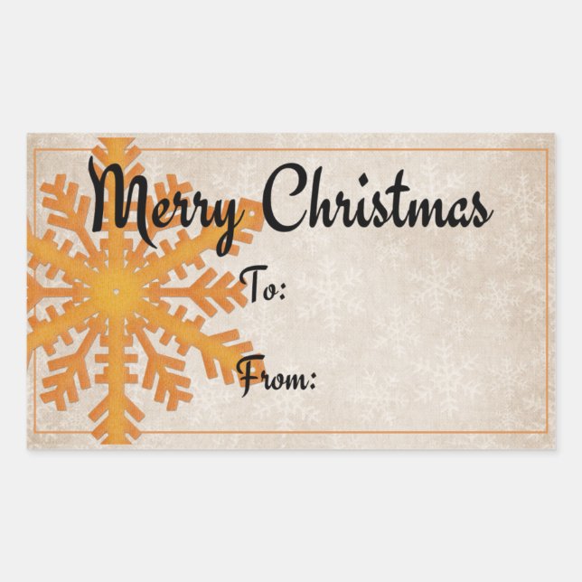 Pegatina Rectangular Naranja Snowflake | Feliz regalo de Navidad (Anverso)