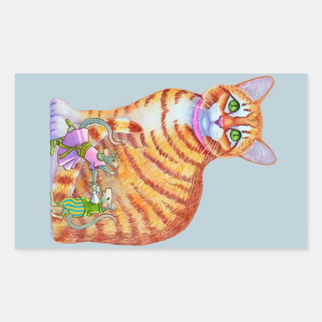 Pegatina Rectangular Naranja Tabby Cat con ratones bailarines frente (Anverso)