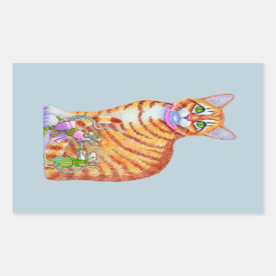 Pegatina Rectangular Naranja Tabby Cat con ratones bailarines frente