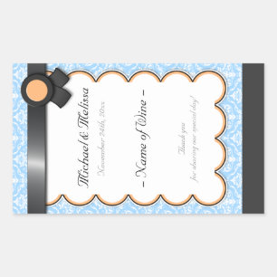 Pegatina Rectangular Naranja y Blue Damask Bodas de botella de vino
