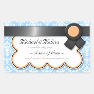 Pegatina Rectangular Naranja y Blue Damask Bodas de botella de vino