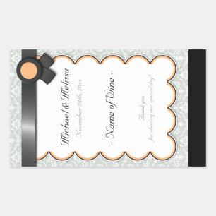 Pegatina Rectangular Naranja y gris Damask Bodas de botella de vino