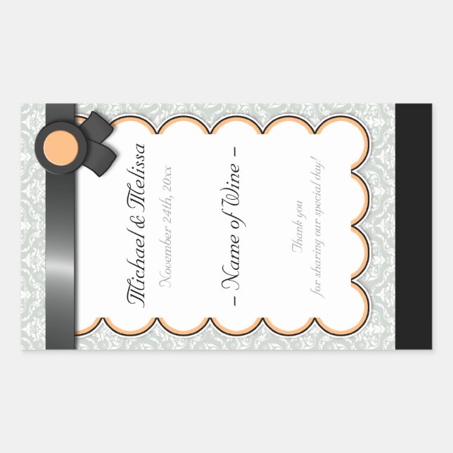 Pegatina Rectangular Naranja y gris Damask Bodas de botella de vino (Anverso)
