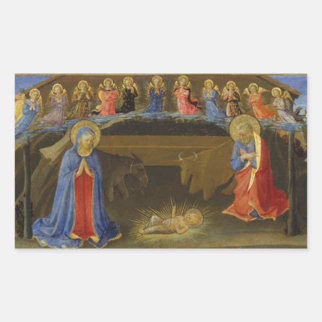 Pegatina Rectangular Natividad Escena Cristo Niño Sagrada Familia Ángel (Anverso)