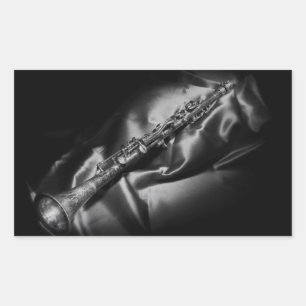 Pegatina Rectangular Naturaleza muerta de clarinete antiguo, B&W