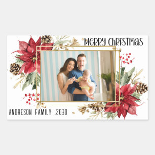 Pegatina Rectangular Navidad Alegre Foto Moderna Floral Roja